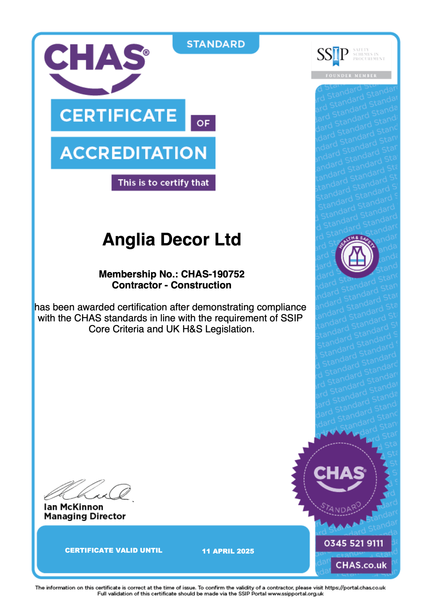 CHAS Certificate of Accreditation - Anglia Decor Ltd, Membership No. CHAS-190752, Contractor - Construction