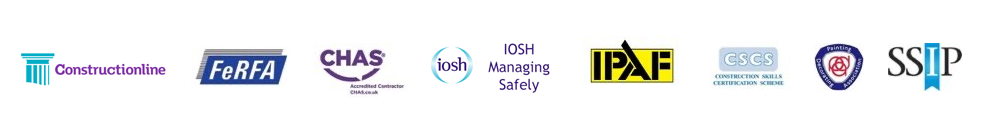 Accreditations: Constructionline, FeRFA, CHAS, IOSH, IOSH Managing Safely, IPAF, CSCS, Painters and Decorators Association, SSIP