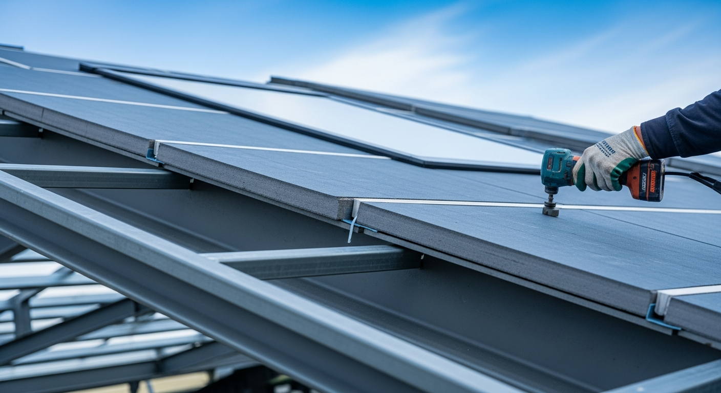 Composite insulated roof panels being fixed onto steel purlins