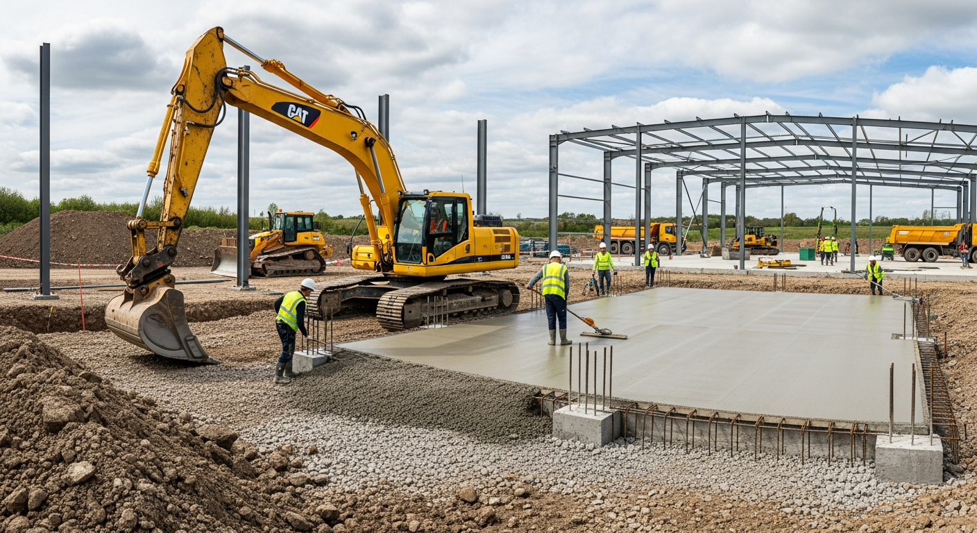 Excavator preparing foundations beside a freshly poured concrete slab