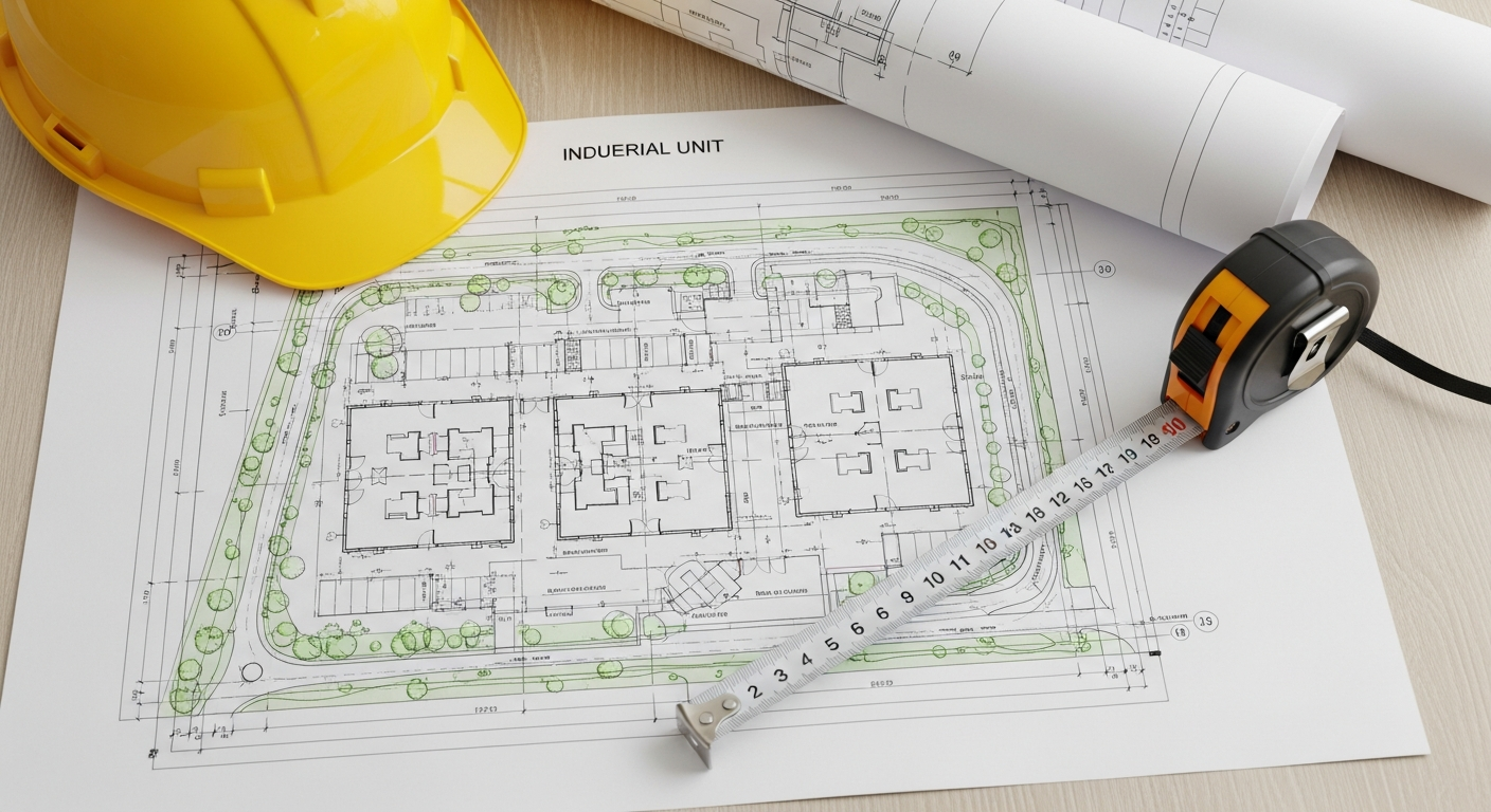 Architectural site plan drawings for an industrial unit with a hard hat