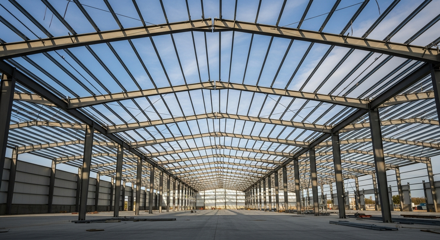 Interior of a clear span industrial building showing the steel portal frame