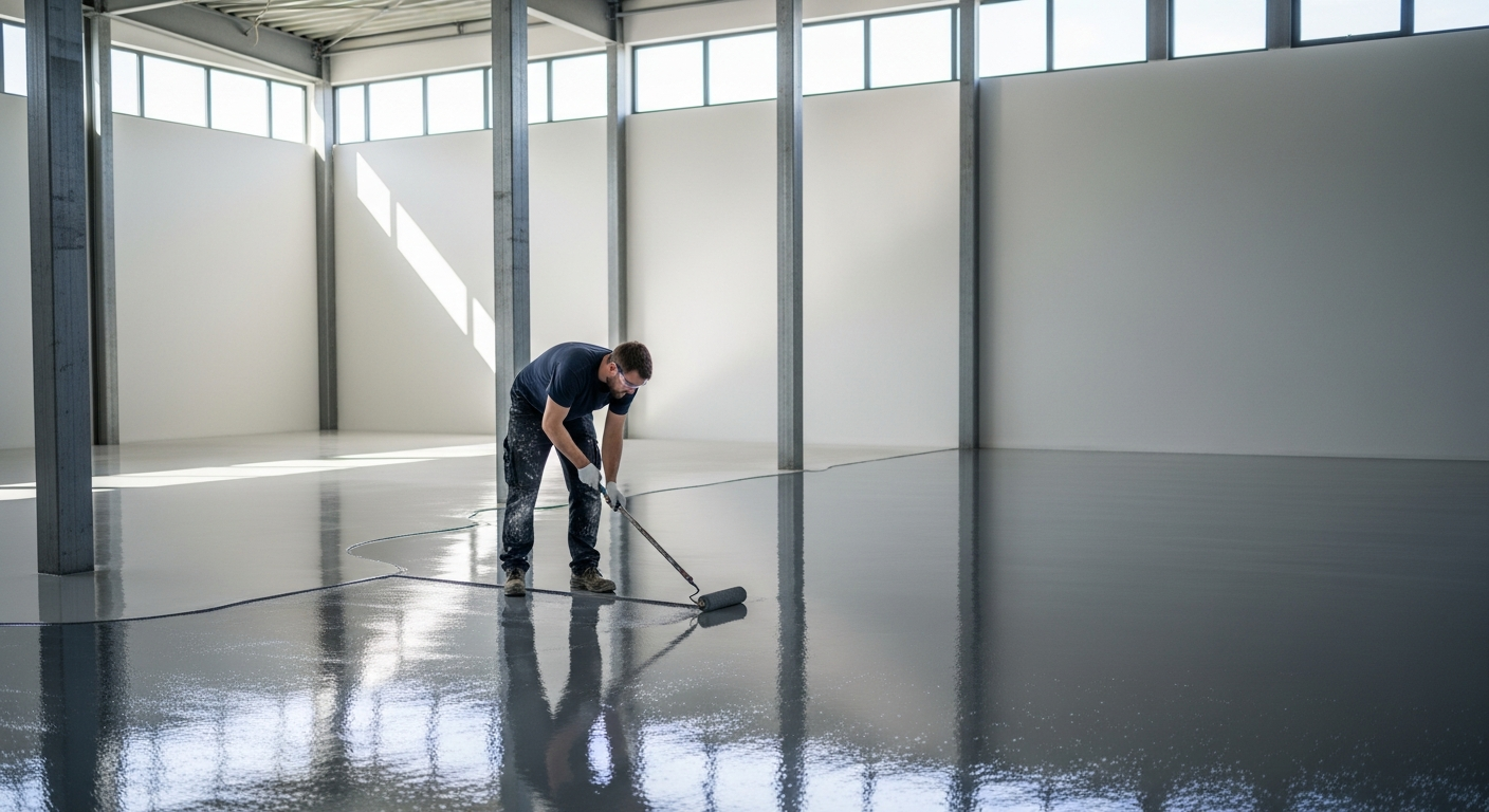 Contractor applying seamless resin flooring in a new industrial unit