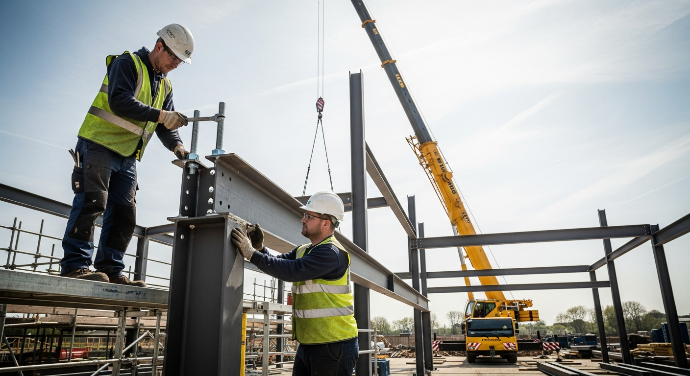 Steelworkers bolting together a steel portal frame on a UK construction site