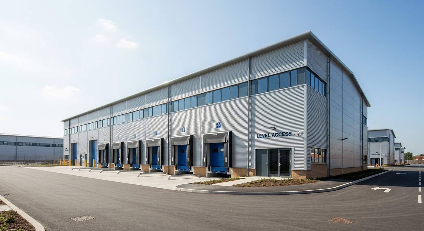 Modern warehouse exterior nearing completion with grey cladding